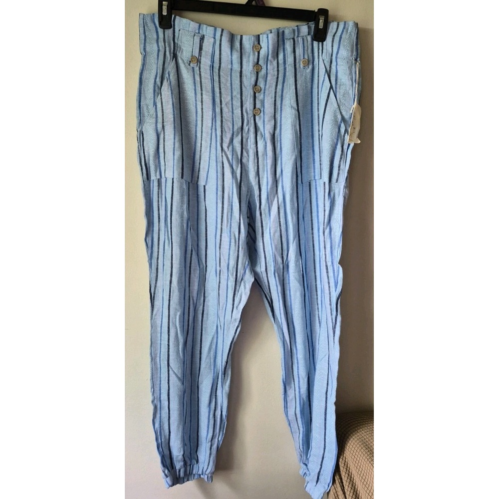 Indigo Rein Women's Blue Hues Vertically Striped Linen Pants Size XL NWT